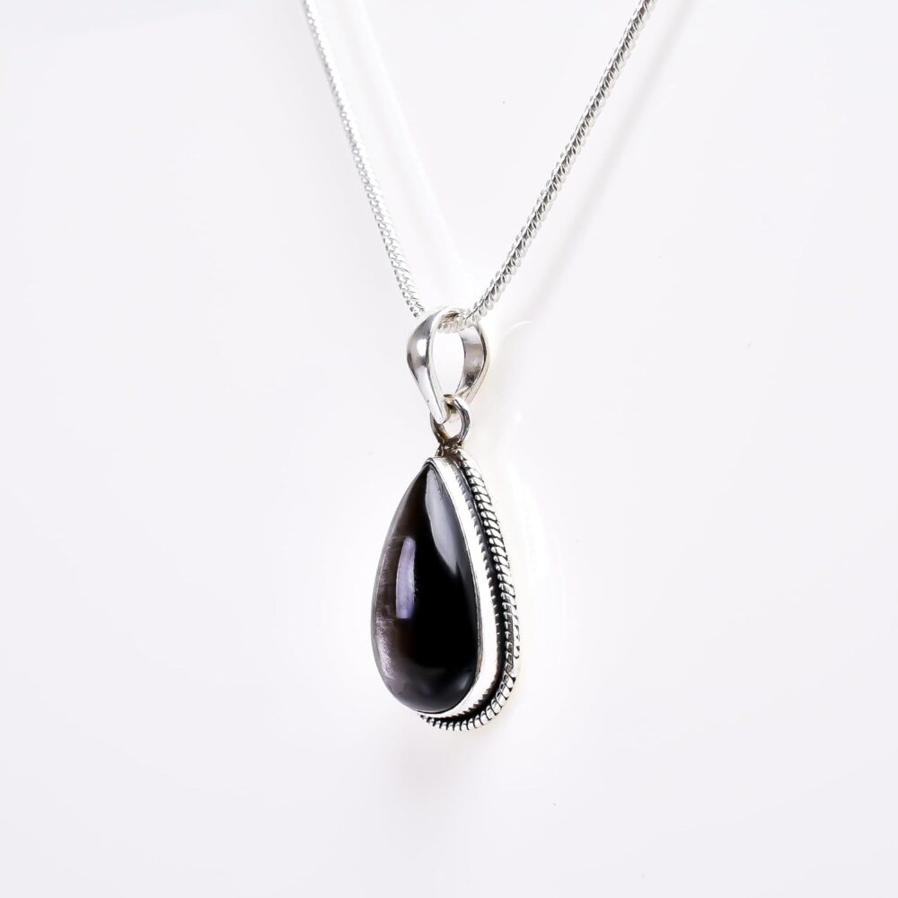 Universe Kart 925 Sterling Silver Bohemian Pendant Necklace for Women with Drop Silver Obsidian Gemstone