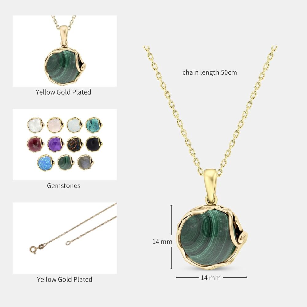 14K Yellow Gold Plated Over 925 Sterling Silver Dark Green Malachite Large Pendant; May Taurus Birthstone Necklace; Unique Jewelry For Women ; Handmade Vintage Style Malachite Necklace For Women - Image 7