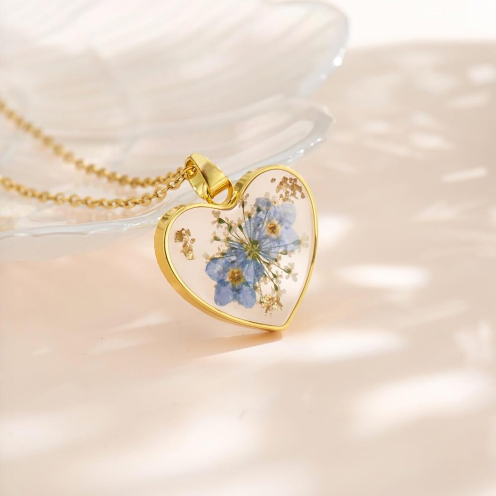 Handmade Pressed Flower Heart Necklace - Forget Me Not & Queen Anne's Lace Wildflower - Symbolizes True Love & Respect - Gold | 18 - Image 3