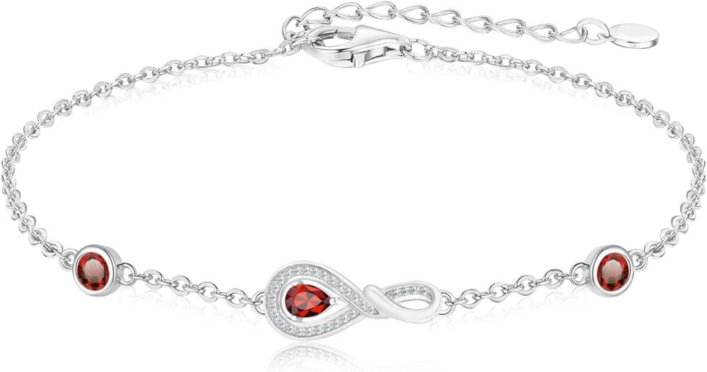 Infinity Birthstone Bracelet for Women Platinum Plated Silver Charm Bracelet Gift for Her Infinity Created Gemstone Love Bracelet with Birthstones