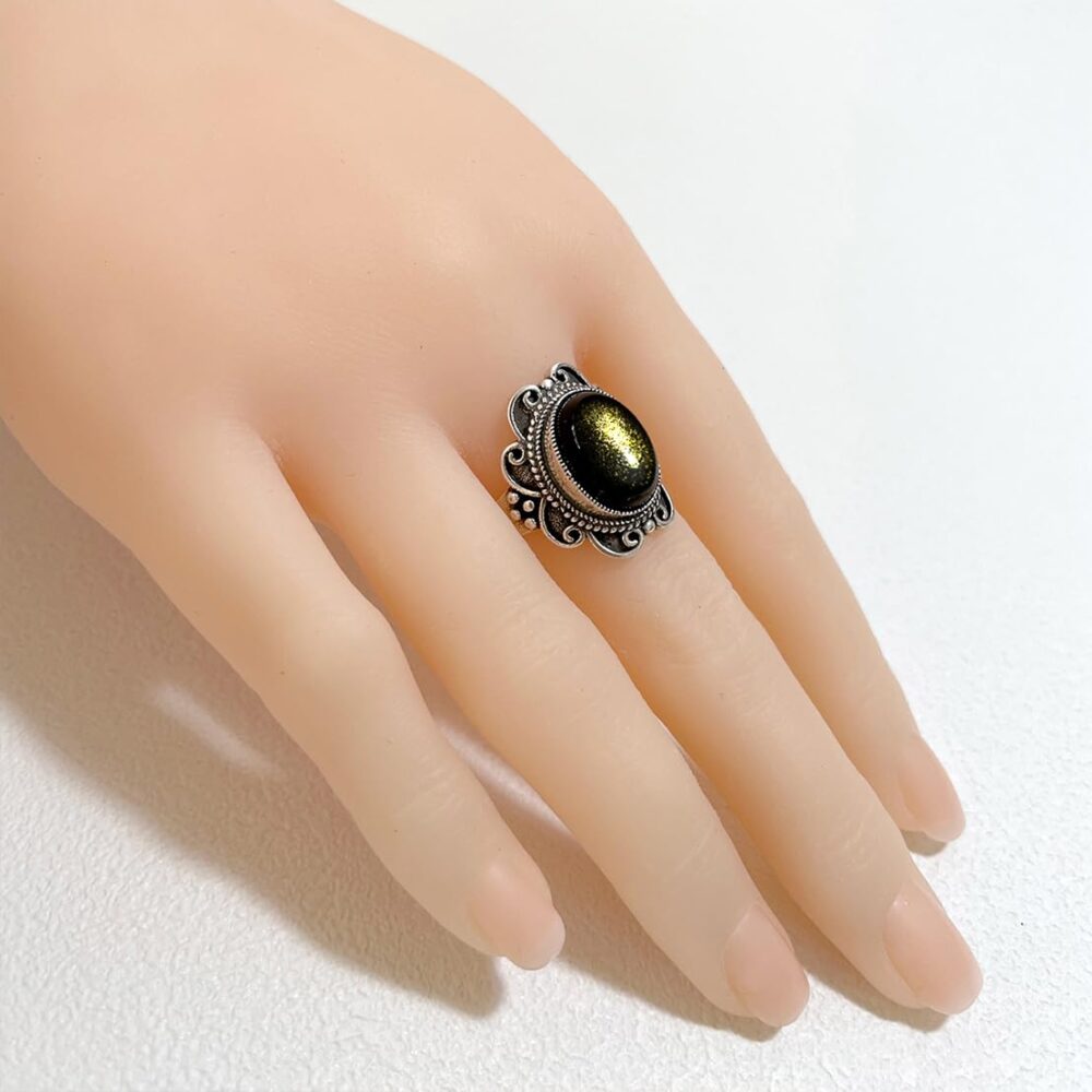 Oval Black Obsidian Crystal Stone Quartz Boho Bohemian Wide Band Ring for Women,Female S925 Sterling Silver Retro Vintage Antique Real Natural Genuine Gemstone Ring for Women (Ring_A, 8) - Image 3