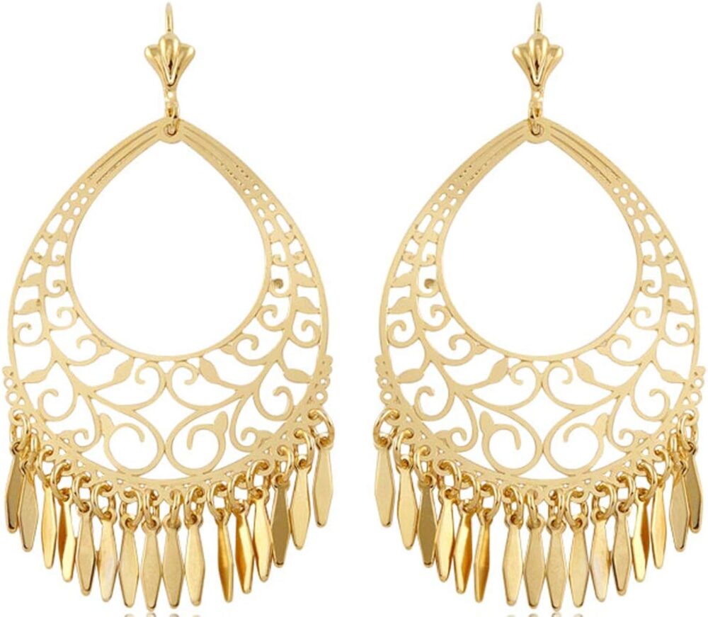 Barzel 18K Gold Plated Filigree Cut-out Dangling Chandelier Earrings - Made in Brazil