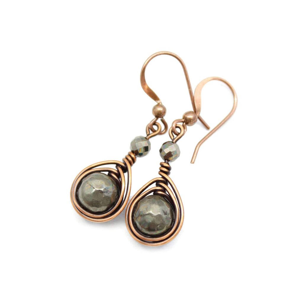 Handcrafted Copper Earrings with Pyrite Gemstone - Antiqued, 1" Drop