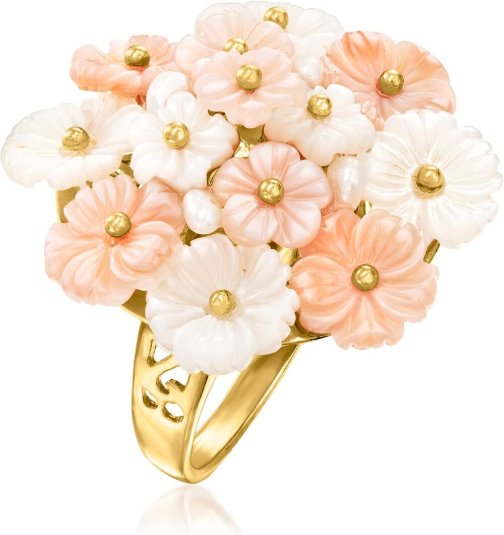 Ross-Simons Italian Pink and White Mother-Of-Pearl Flower Ring With Cultured Semi-Baroque Pearls in 18kt Gold Over Sterling - Image 3