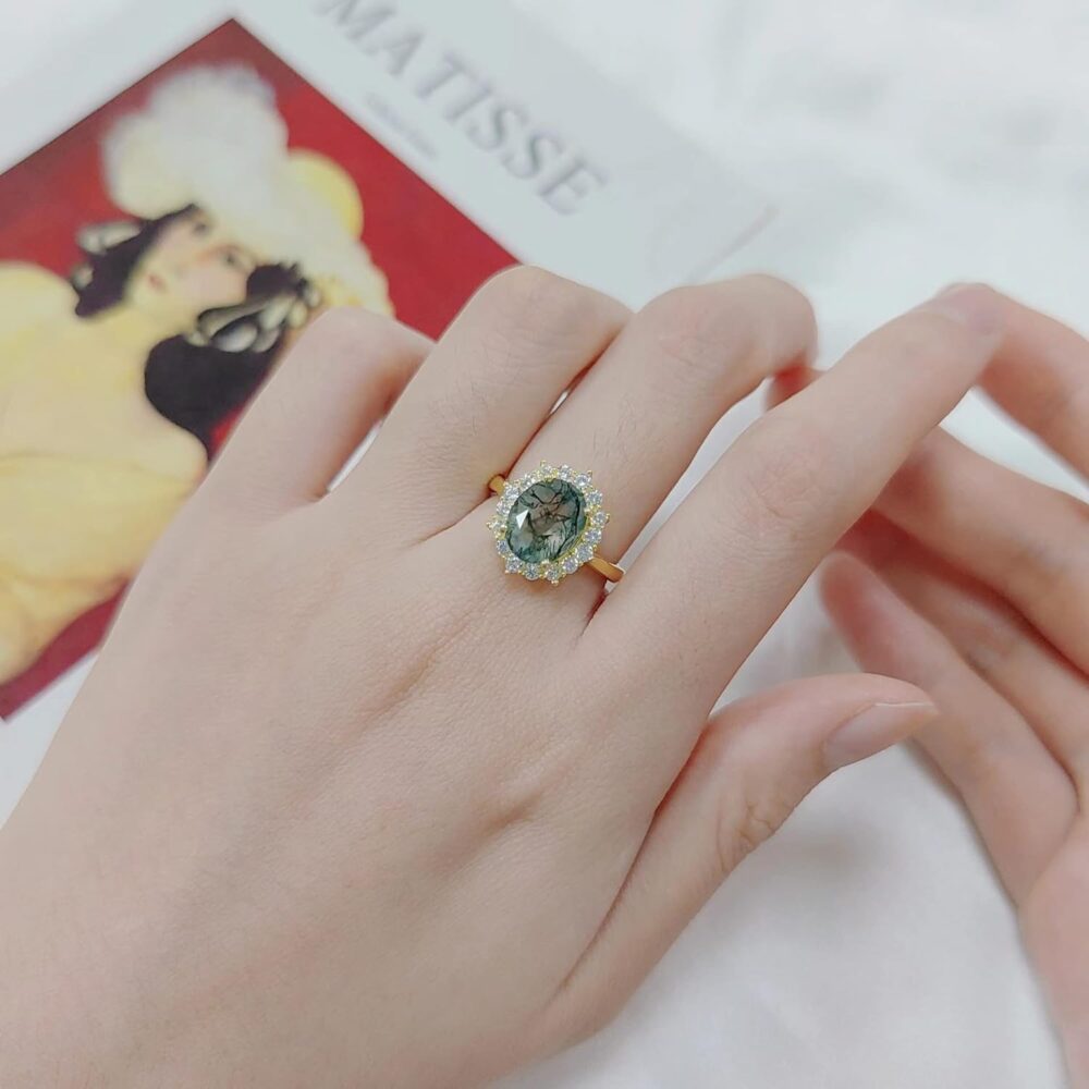 Moss Agate Ring Oval Cut Natural 925 Sterling Silver Vintage Ring Moss Agate Engagement Statement Ring for Women Mom 10x8 - Image 4