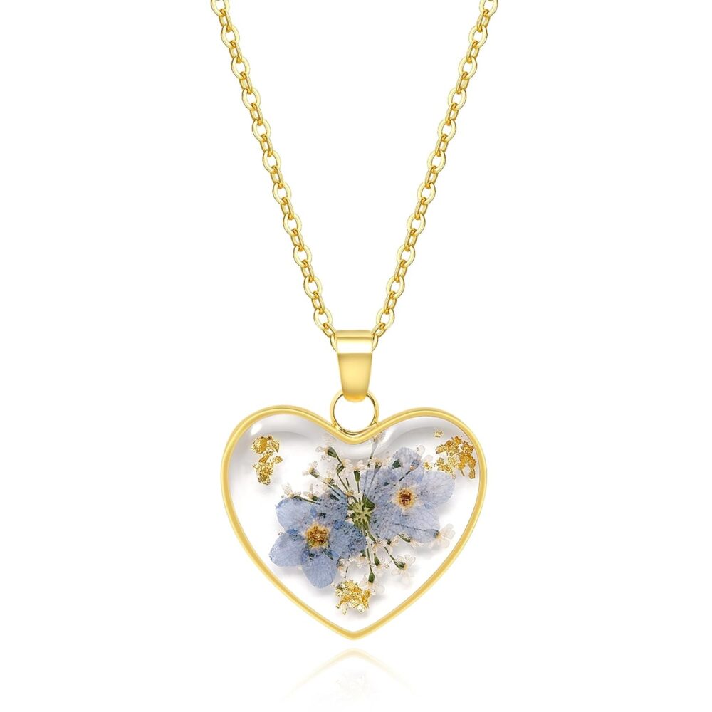 Handmade Pressed Flower Heart Necklace - Forget Me Not & Queen Anne's Lace Wildflower - Symbolizes True Love & Respect - Gold | 18