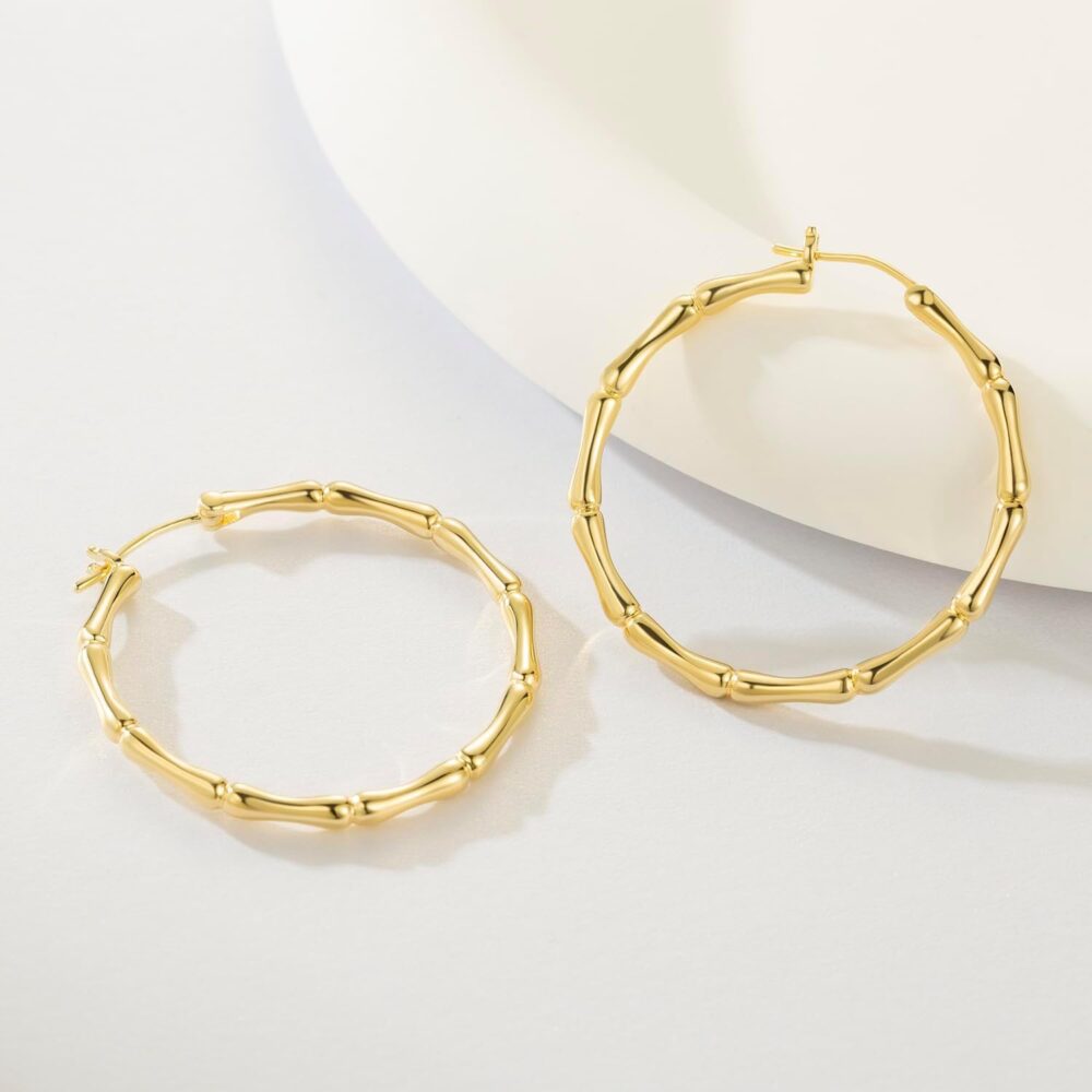 SANDRA REDD Gold Hoop Earrings 14K Gold Hoop Earrings for Women Large Women’s Hoop Earrings Thick Bamboo Joint Design Gold Bamboo Hoop Earrings for Women 34mm*2mm - Image 2