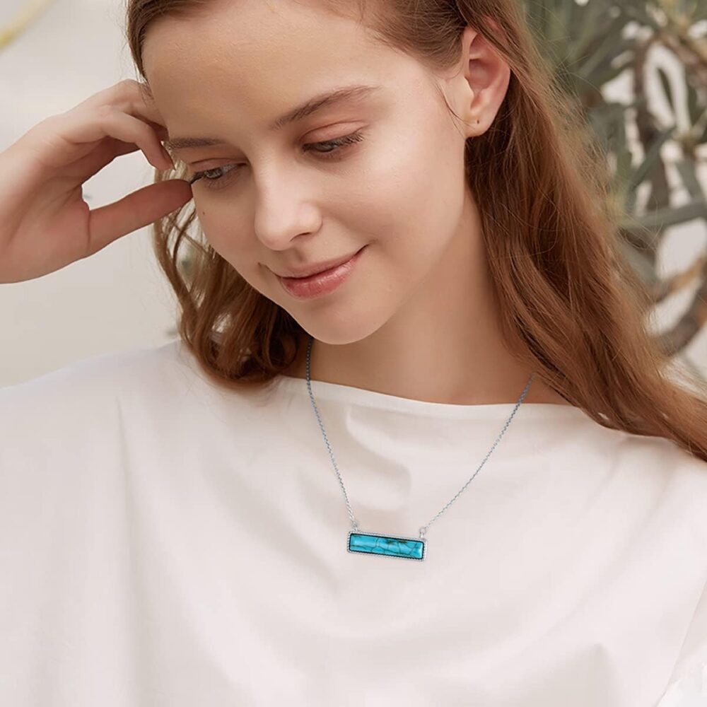 Natural Turquoise/Larimar Necklace 925 Sterling Silver Minimalist Horizontal Bar Pendant Genuine Gemstone Dainty Jewelry Gifts for Women Girls - Image 4