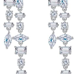 Frwiskp Wedding Earrings for Brides, Silver Earrings for Women, 18K White Gold Plated Sterling Silver Post Cubic Zirconia Dangle Earrings, Clear Crystal Hypoallergenic Chandelier/Tassel Earrings