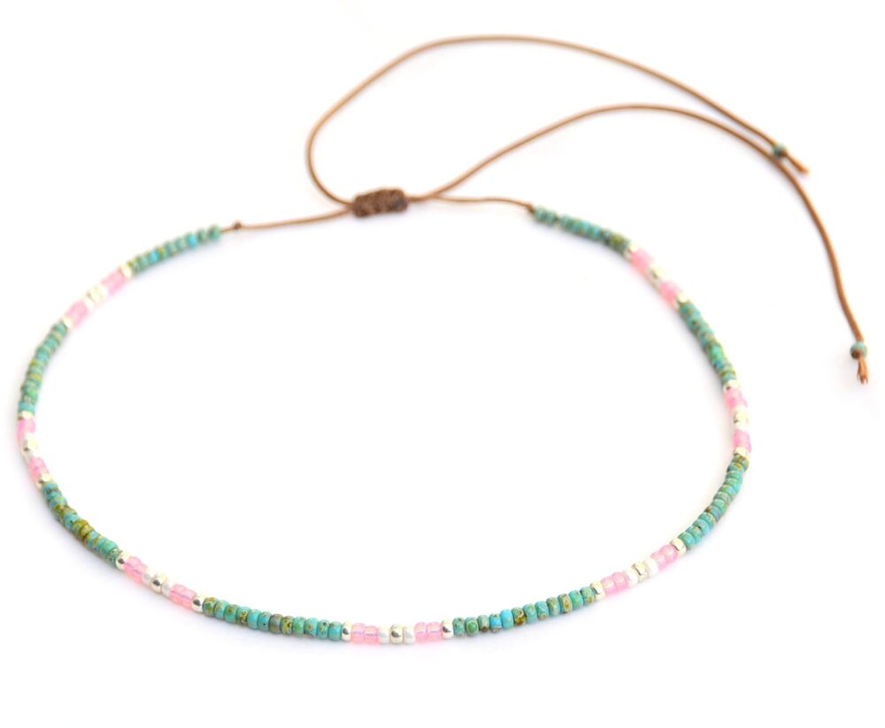 Beaded Choker Necklace for Women and Teen Girls, Adjustable Thin Turquoise and Pink Colorful Dainty Seed Beads Necklace, Handmade Boho Bohemian Hippie Jewelry by Tribes (Turquoise-pink)