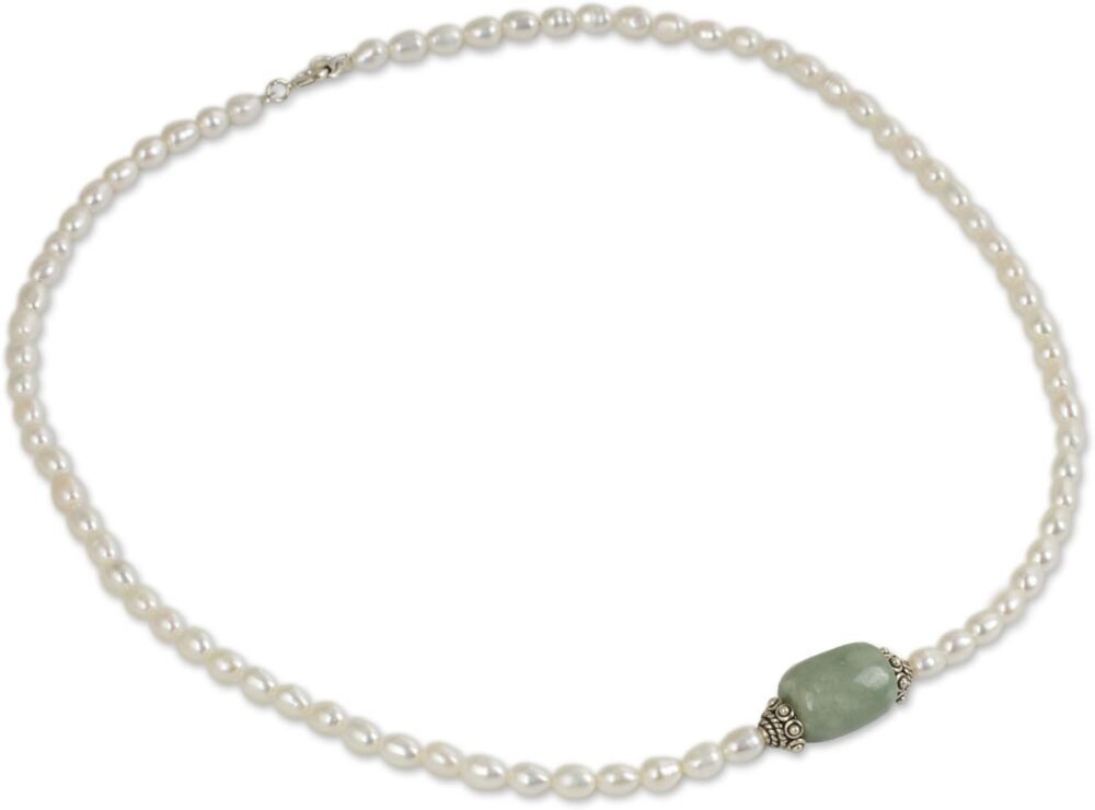 Handmade Cultured Freshwater Pearl Jade Pendant Necklace, Sterling Silver Green White Strand, Thailand Birthstone - Image 2