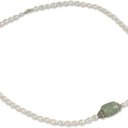 Handmade Cultured Freshwater Pearl Jade Pendant Necklace, Sterling Silver Green White Strand, Thailand Birthstone - Image 2