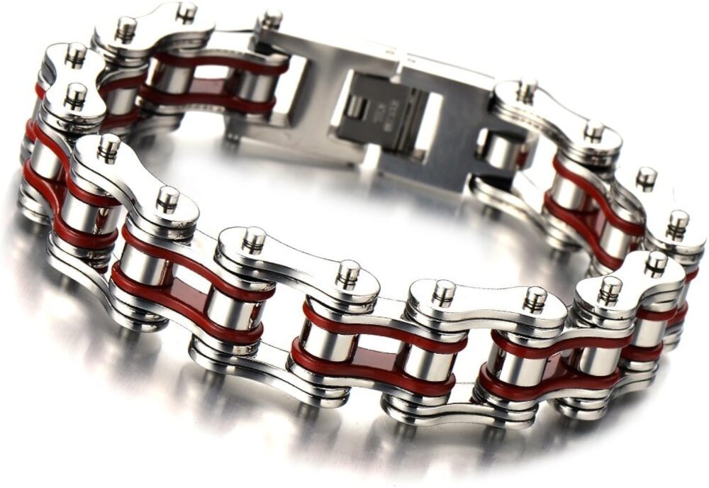 COOLSTEELANDBEYOND Masculine Mens Bike Chain Bracelet of Stainless Steel Silver Red Two-tone High Polished