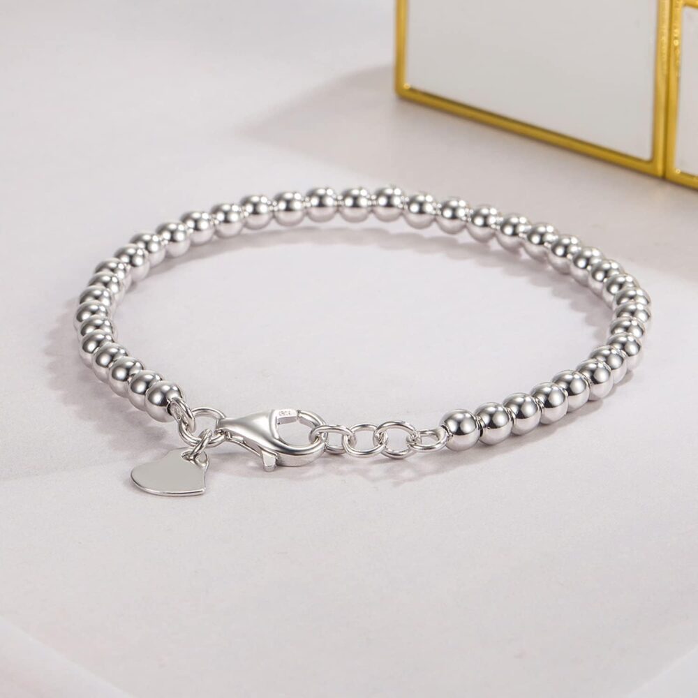 Women 925 Sterling Silver Round Bead Bracelet Minimalist 4-6MM 13-21CM Bell and Heart Pendant Prayer Beads Link Chain Bracelet Men Girl Teens Charm Jewelry Gift - Image 6