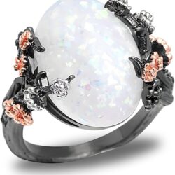 Ginger Lyne Collection Henrietta Simulated Fire Opal Ring for Women - Elven Gothic Black Plated for Engagement Promise or Statement -Tree Branch Flower Design Setting