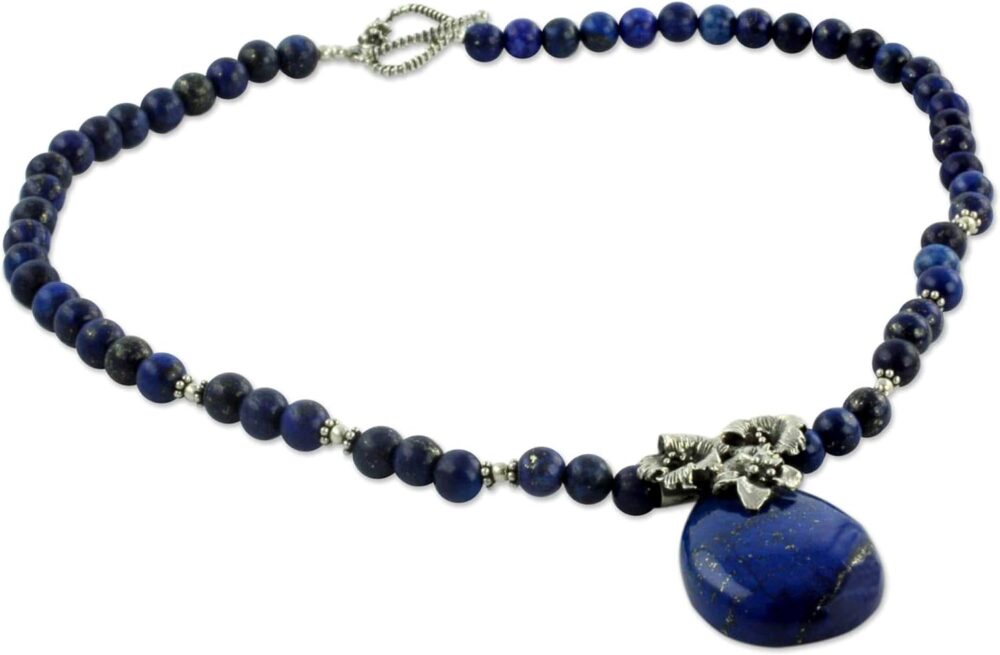 Handmade Lapis Lazuli Pendant Necklace Floral Sterling Silver Blue Birthstone