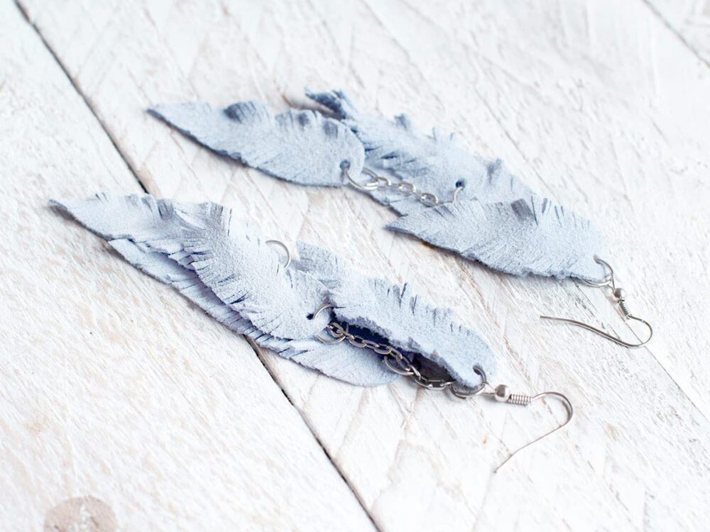 Light blue Long Suede leather Feather Earrings, layered earrings, tribal, Boho, dangle - Image 3