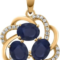 Gem Stone King 18K Yellow Gold Plated Silver Blue Sapphire 3 Stone Pendant Necklace For Women (2.04 Cttw, Gemstone Birthstone, Oval 6X4MM, with 18 Inch Chain)
