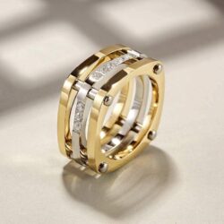 CIUNOFOR 14K Gold Plated Ring Simulated Diamond CZ Cocktail Rings for Women Gold Statement RingsWide Bands Parallel Bar Ring - Image 2