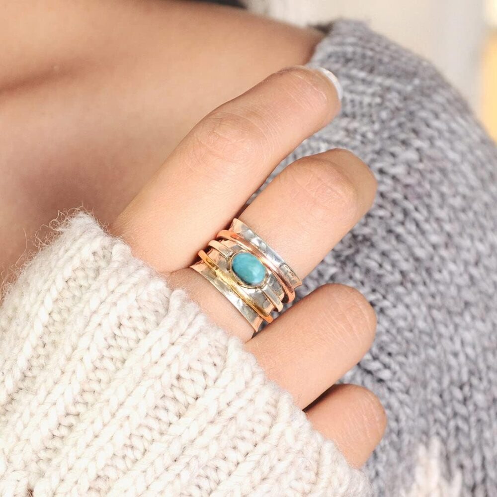 Boho-Magic 925 Sterling Silver Spinner Larimar Ring for Women with Copper and Brass Fidget Rings Bands - Image 7