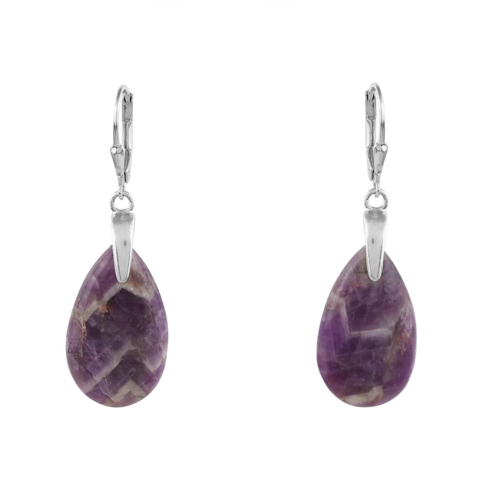 Solid 925 Sterling Silver Earrings, Natural Chevron Amethyst Gemstones Earrings for Women, Tear Drops, Birthstones, Bohemian Handmade Elegant Statement Jewelry, Wedding, Christmas Gifts