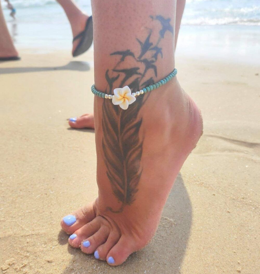 Boho Beaded Anklet for Women and Teen Girls, Unique Bohemian Turquoise and Sterling Silver Beaded Anklet with Hawaii Hawaiian Plumeria Flower, Handmade by Tribes - Image 3