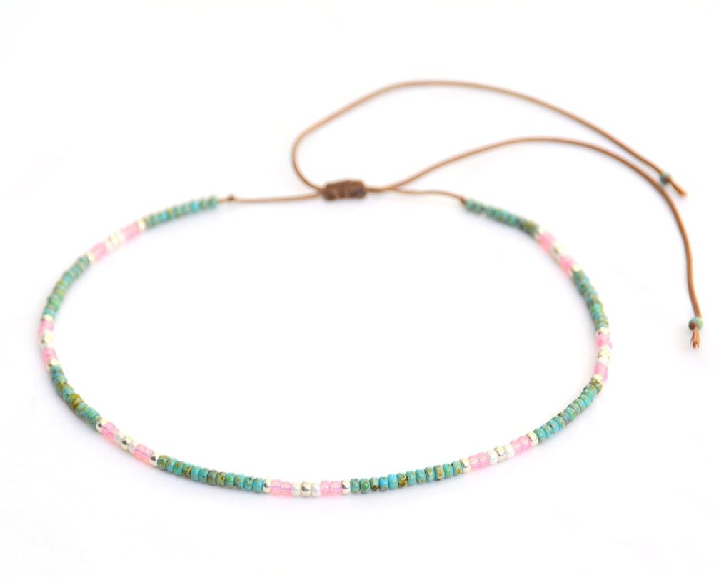 Beaded Choker Necklace for Women and Teen Girls, Adjustable Thin Turquoise and Pink Colorful Dainty Seed Beads Necklace, Handmade Boho Bohemian Hippie Jewelry by Tribes (Turquoise-pink) - Image 2