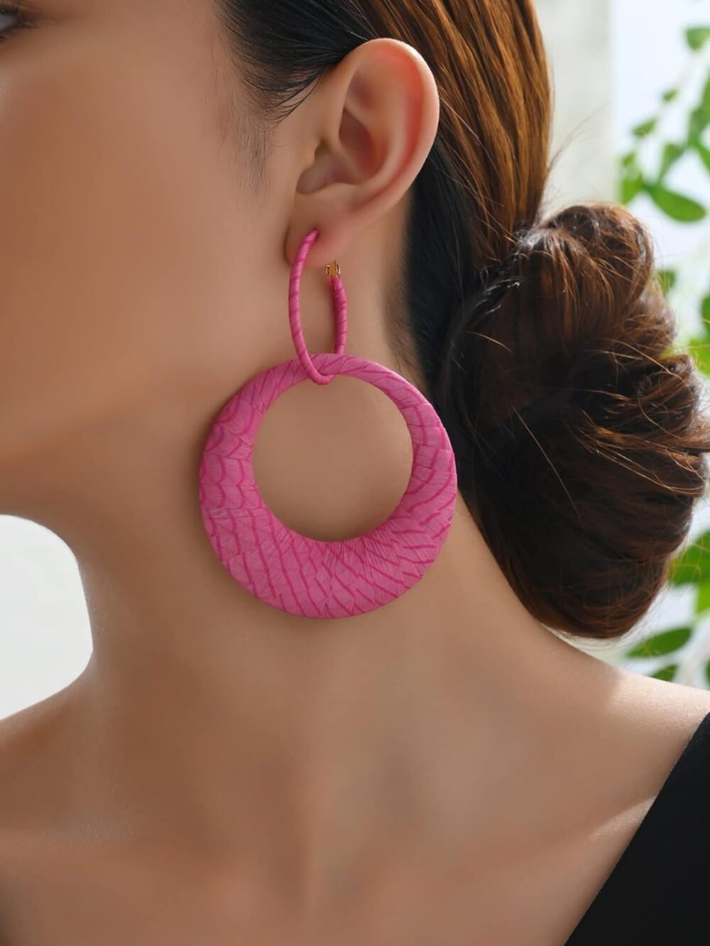 Exclusive Pink Handmade Earrings, Silk Fine Fabric Wrapped Hoop Boho Earrings for Women, Bohemian Style Exaggerated Loop Earrings, Drop And Dangle Earring, Bright, Flamboyant - Image 5