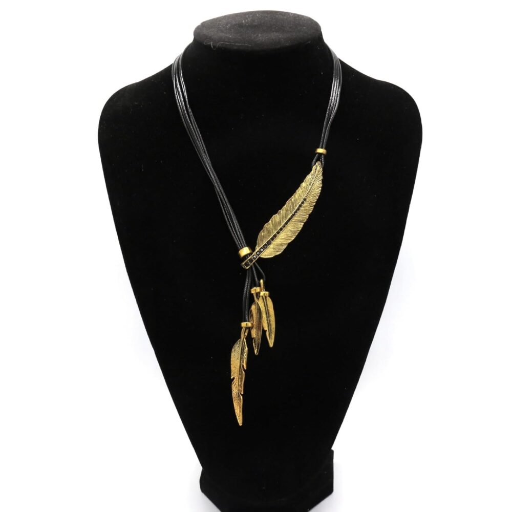 Bohemian Style Rope Chain Leaf Feather Pattern Pendant Necklace Fashion Accessories for Women (Black Rope - Gold) - Image 2