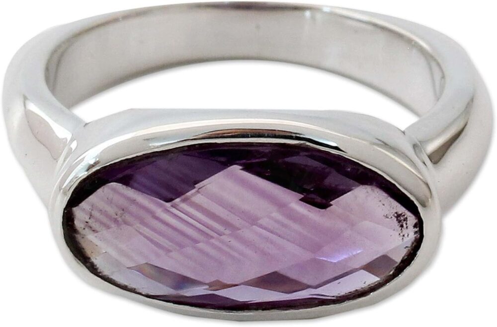 NOVICA Artisan Handmade Amethyst Cocktail Ring Three Carat .925 Sterling Silver Purple Single Stone India Birthstone 'Purple Crown' - Image 2