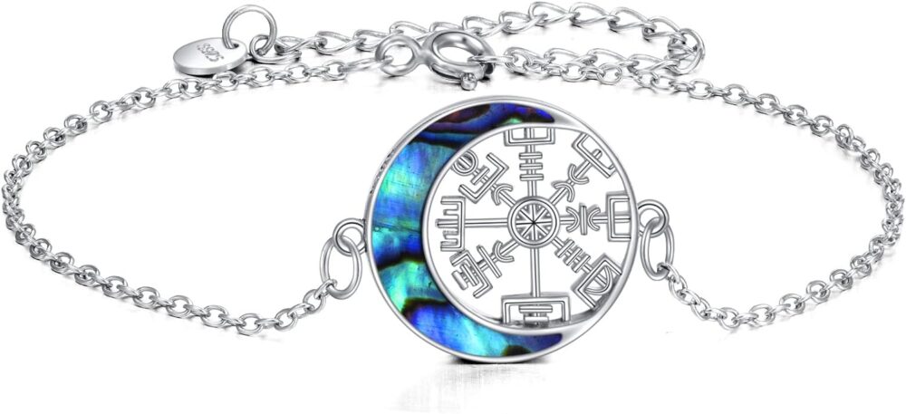 URONE Viking Compass Bracelet Sterling Silver Abalone Shell Crescent Moon Compass Travel Nordic Pagan Jewelry for Women