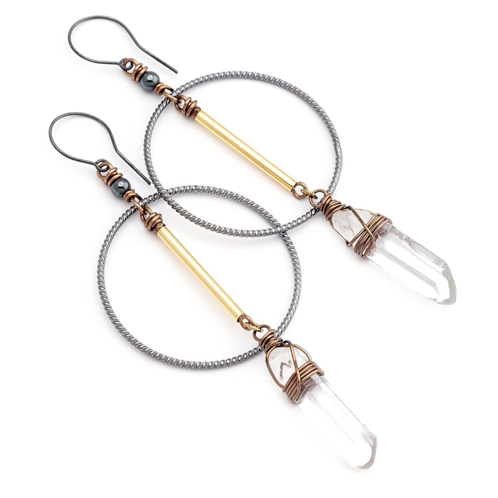 Clear Quartz Crystal Point Sterling Silver and Metal Long Geometric Bohemian Earrings