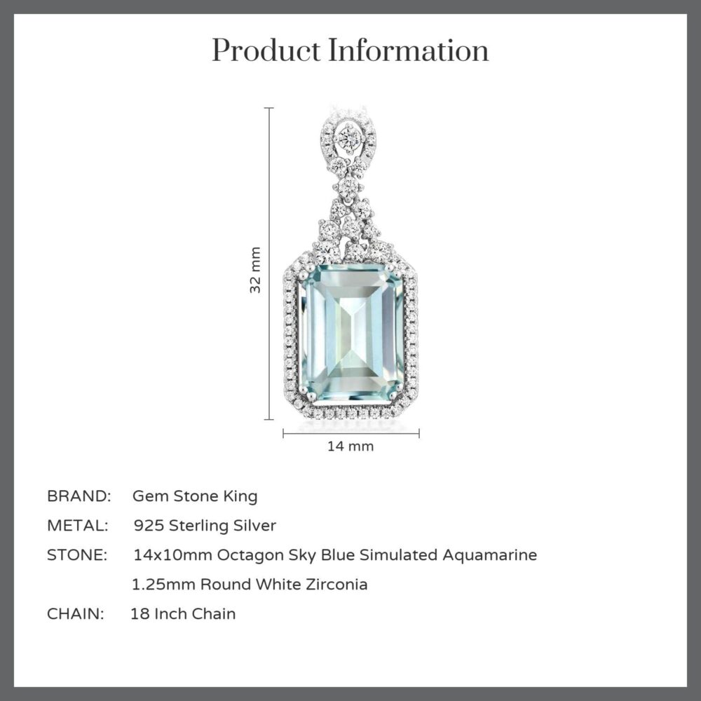 Gem Stone King 925 Sterling Silver Sky Blue Simulated Aquamarine Necklace | Emerald Cut 14X10MM Pendant Necklace for Women | 7.24 Cttw | with 18 Inch Silver Chain - Image 7