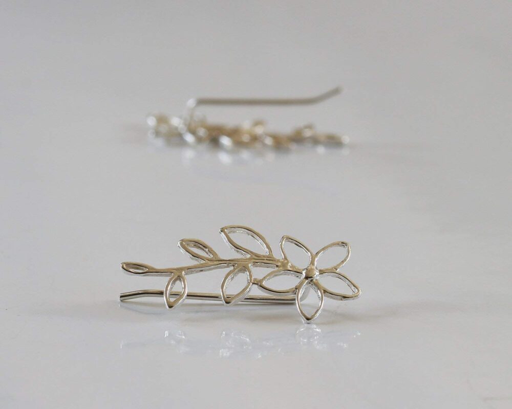 Pair of Sterling Silver Ear Crawler Earrings, Lotus Flower Climbing Earrings, Boho Trendy Ear Sweeps, Bohemian Statement Handmade Artisan Jewelry Gift for Her Mom Wife Girlfriend by Sigalagia - Image 4