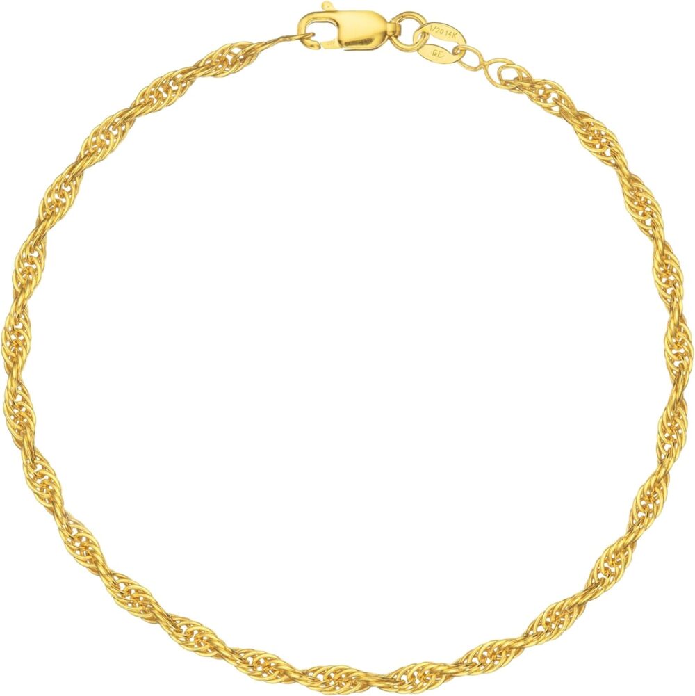 14K Gold or White Gold Filled Bracelet, Anklet, or Ankle Chain, 3mm Loose Rope Chain for Women and Men, Made in Italy, Waterproof, Sturdy, and Non-Tarnish Everyday Jewelry, Sizes 7"-11"