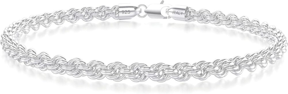 Nometo 925 Sterling Silver Rope Chain Bracelet 3mm4mm5mm Gold/Silver Bracelet for Men Women Silver Bracelet 6.5-9 Inches