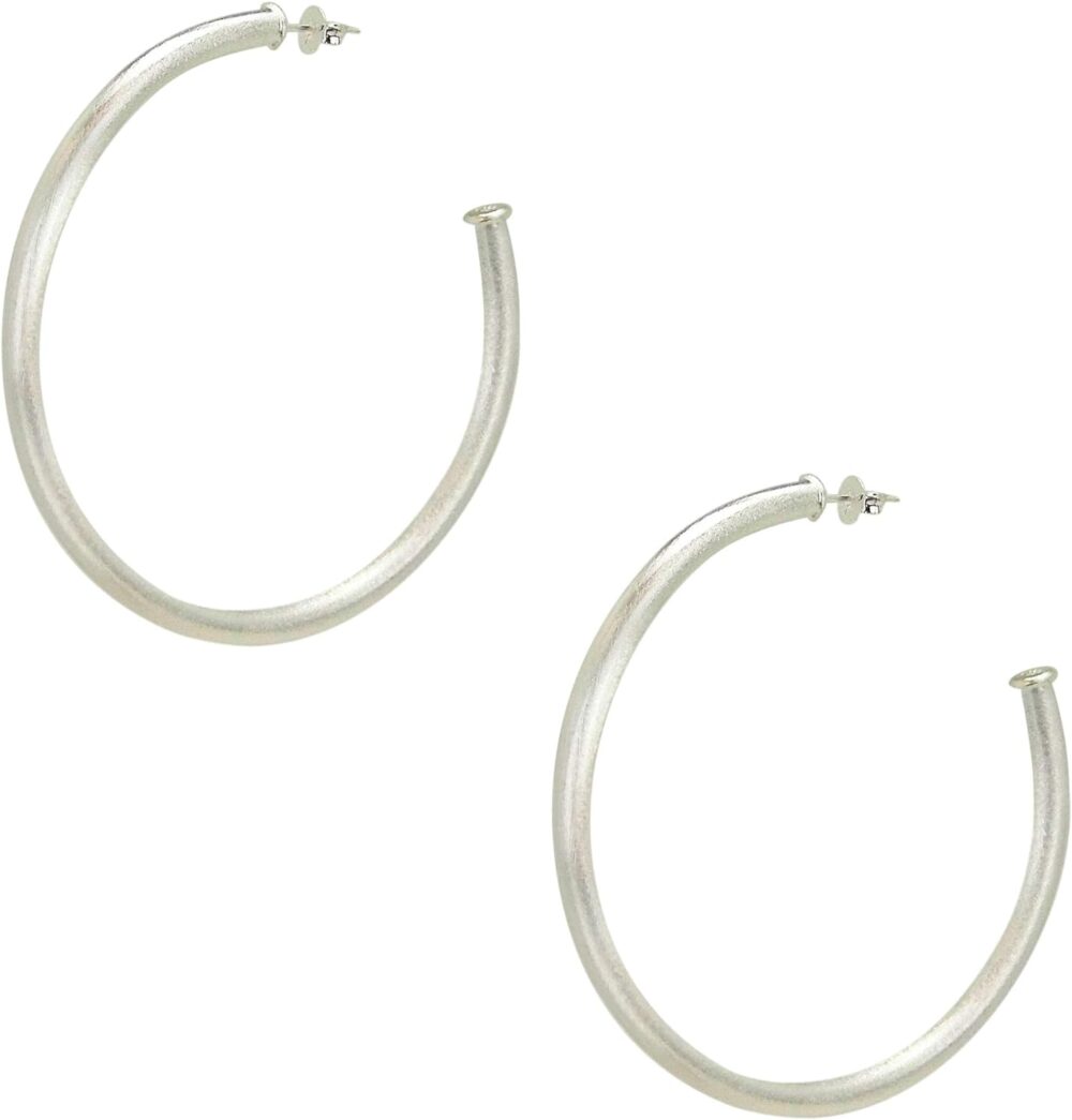 Everybody's Favorite Large 2.5 Inch Tubular Lightweight Statement Hoop Earrings in Brush Silver Plated