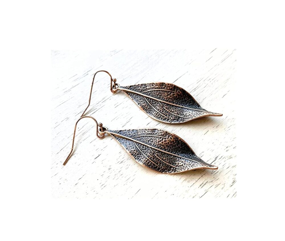 Wavy Leaf Copper Dangle Earrings Bohemian Boho - Image 3