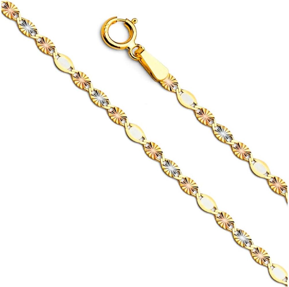 The World Jewelry Center 14k Real Tri Color Gold Solid 2mm Flat Star Diamond Cut Chain Necklace with Spring Ring Clasp