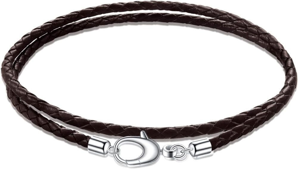 Genuine Italian Double Wrap Braided Leather Bracelet for Men Women, 3mm Black or Brown Mens Leather Bracelet Sterling Silver Clasp, Made in Italy