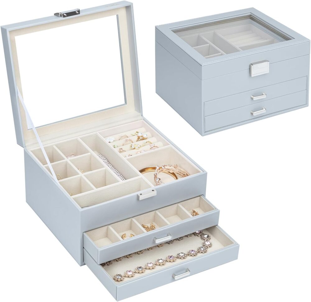 Jewelry Box with Clear Lid, 3-Layer Jewelry Organizer box with 2 Drawers,for Rings Earrings Necklace Bracelets jewelry boxes for Women Girls (Grey)