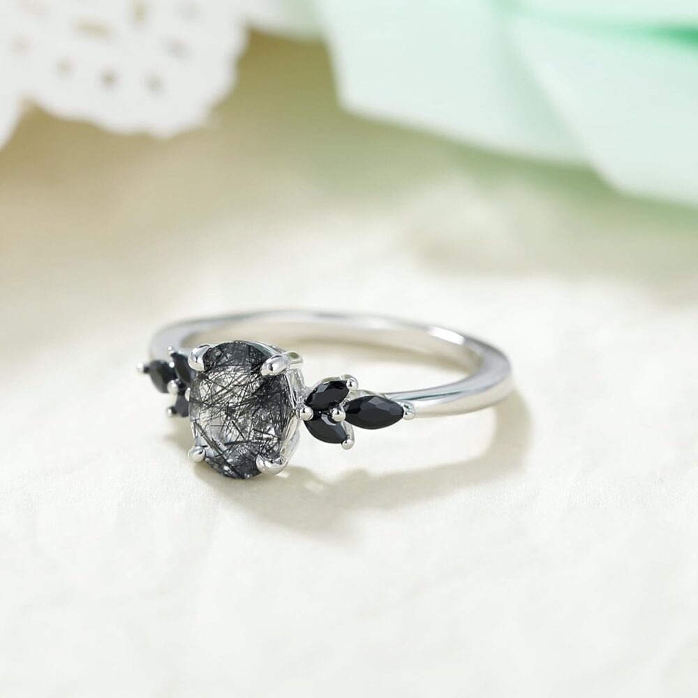 Natural Black Rutilated Quartz Engagement Ring 1.5CT Oval 6x8mm Women's Rings Minimalist Rings Wedding Rings Platinum Plated 925 Sterling Silver Women's Promise Ring. - Image 4