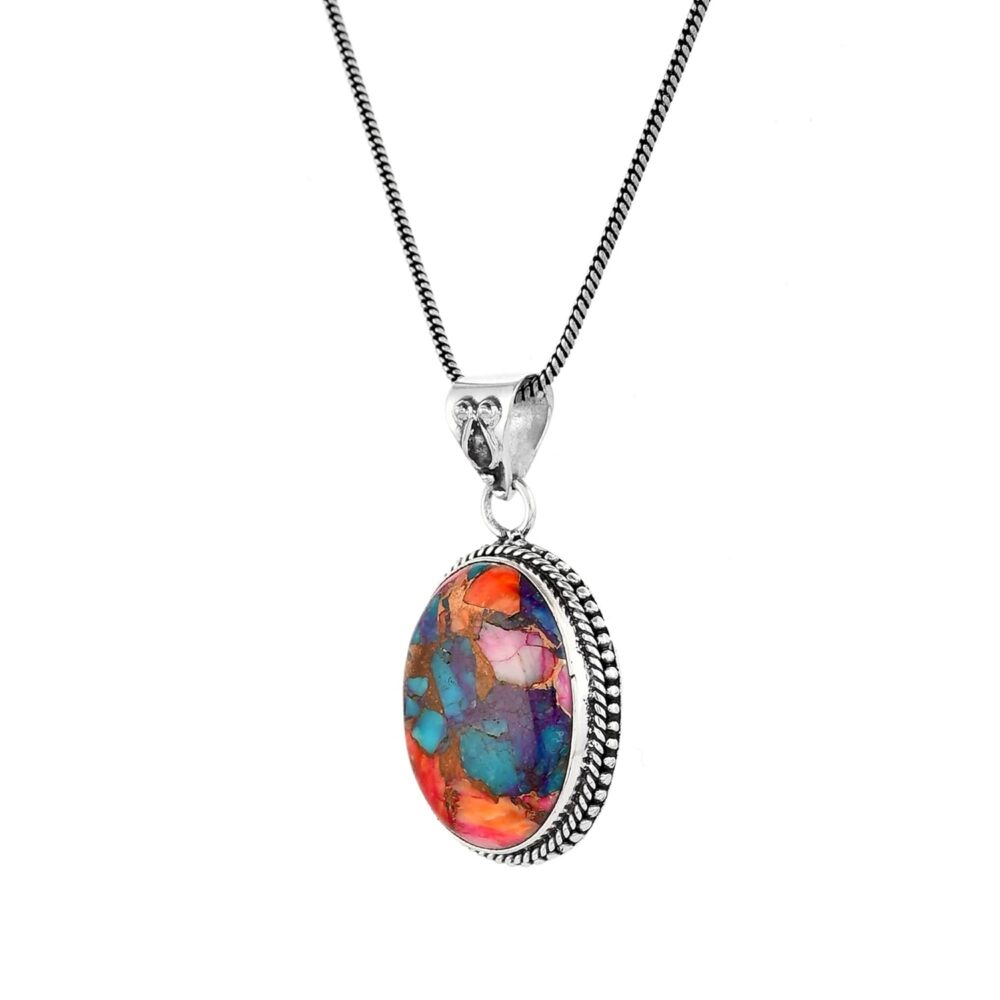 925 Sterling Silver Bohemian Pendant Necklace for Women with Oval Shape Multi Turquoise Gemstone - Image 2