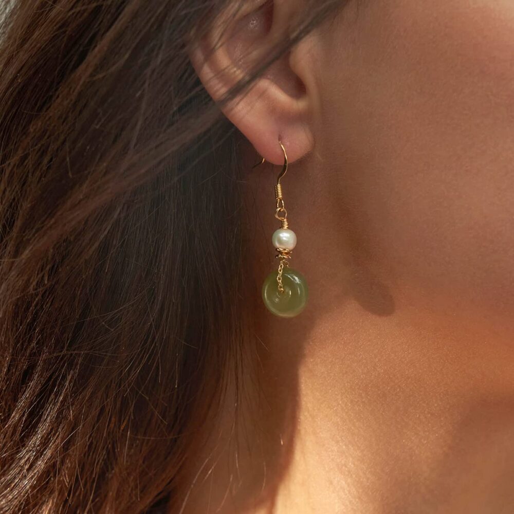 Vintage Hetian Green Jade Donut Earrings Gold Filled Women Dangle Hook Earrings Natural with Freshwater Pearls Minimalist Drop Earrings Lucky Jewelry Gift for Women - Image 5