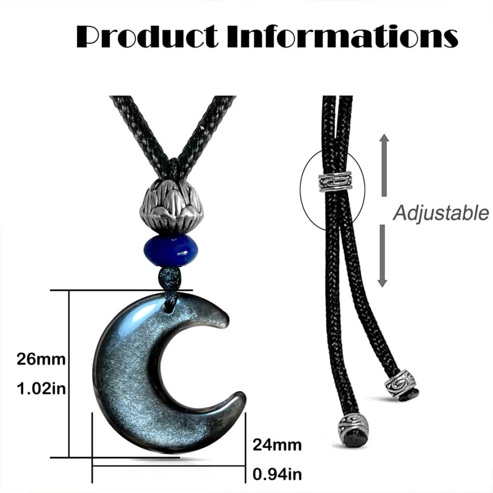 Unisex Crescent Moon Natural Black Obsidian Stone Pendant Necklace,Adjustable Rope Real Genuine Healing Crystal Quartz Gemstone Bohemian Statement Necklace Jewelry for Women Men (Obsidian_D1) - Image 7