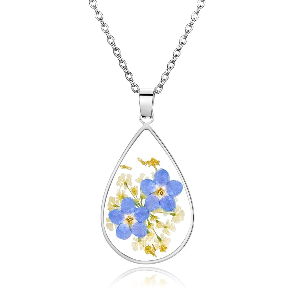 Forget Me Not and Queen Anne's Lace Pressed Flower Necklace,Handmade Silver Pressed Flower Necklace,Personalized Resin Birth Flower Necklace for Women,Flower Gifts for Birthday,Party, Christmas(18’’)