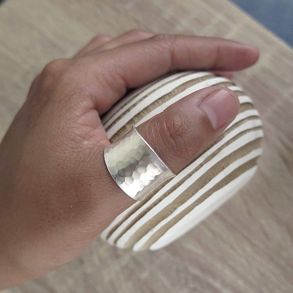 Hammered Sterling Silver Handmade Wide Band Ring, Classic Shiny Finish Wrap Band, Adjustable to Sizes 6-12, Can fit Also as Thumb ring, Gift for Her - Image 6