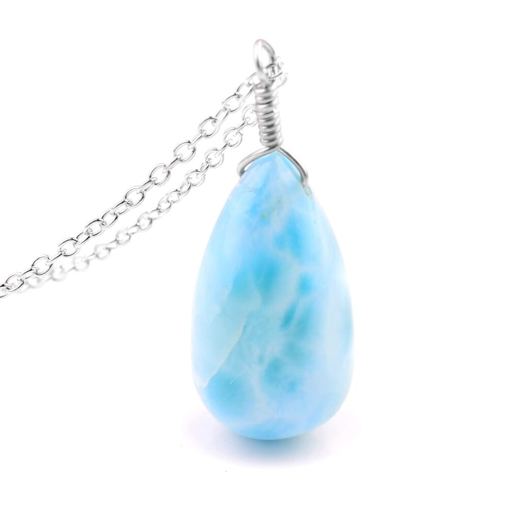 Natural Larimar Necklace Pendant Rhodium Plated 925 Sterling Silver, Teardrop Gemstone Necklace, Artisan Pendant, Silver Jewelry, Silver Wire, Dainty Pendant, Gift Her