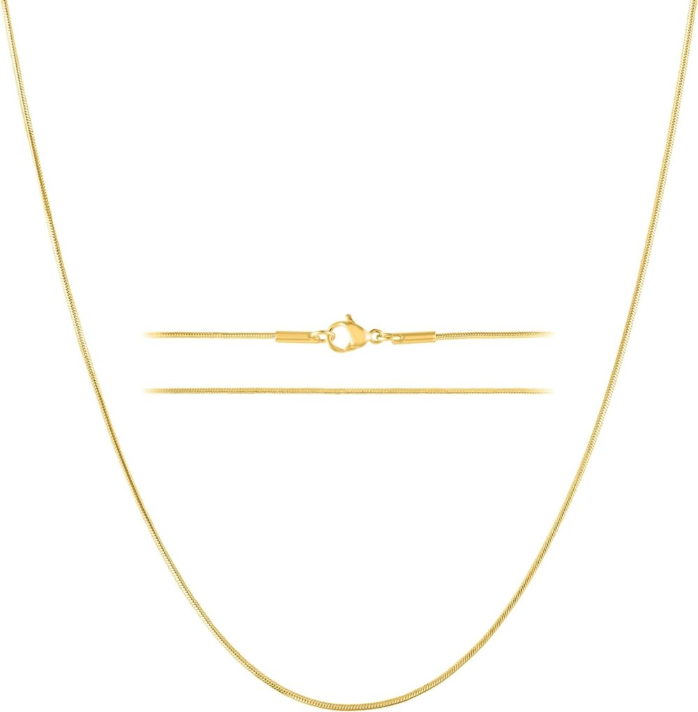 KISPER 24k Gold Snake Chain Necklace – Thin, Dainty, Gold Plated Stainless Steel Jewelry for Women & Men with Lobster Clasp