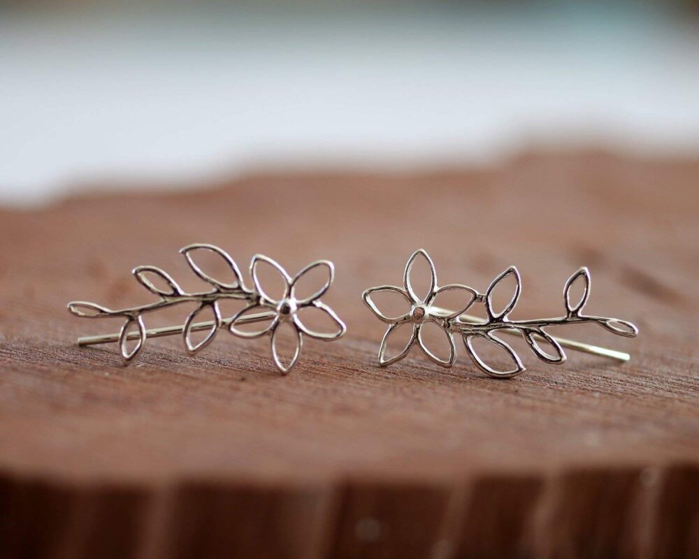 Pair of Sterling Silver Ear Crawler Earrings, Lotus Flower Climbing Earrings, Boho Trendy Ear Sweeps, Bohemian Statement Handmade Artisan Jewelry Gift for Her Mom Wife Girlfriend by Sigalagia - Image 5